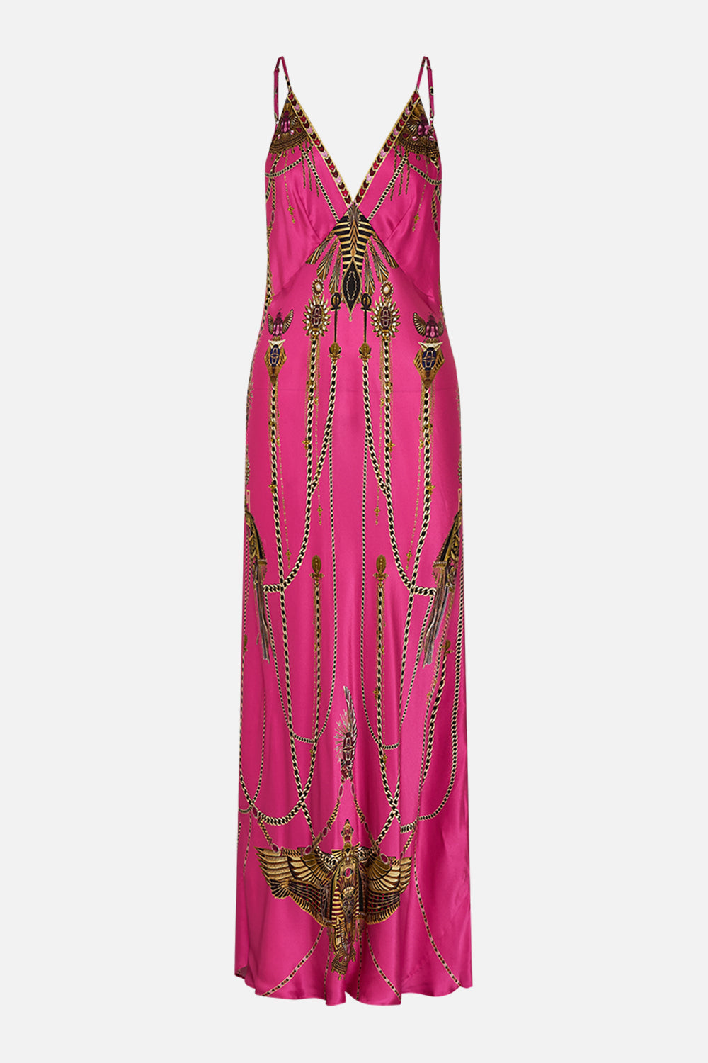 CAMILLA V Neck Long Bias Slip Dress With Train in Song Of The Scarab print. 