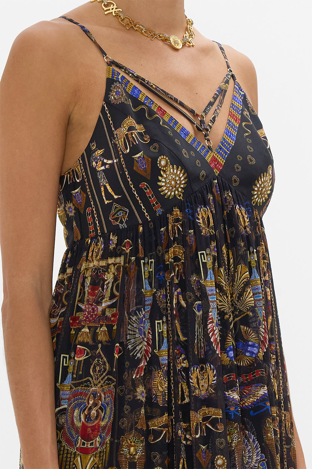CAMILLA Double Strap Detail Dress in Cartouche Kingdom print. 