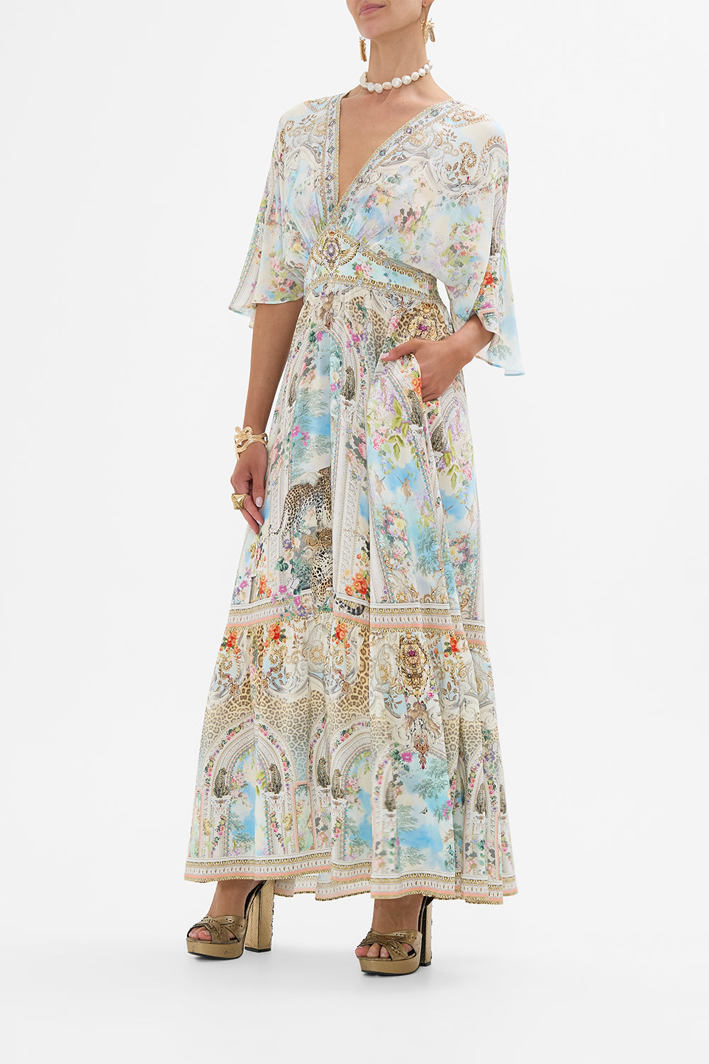 CAMILLA Waisted Dress With Hem Ruffle in We Always Have Alexandria Print. 