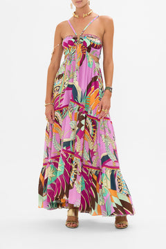 CAMILLA Gathered Cut Out Dress in Giza Goddess print. 