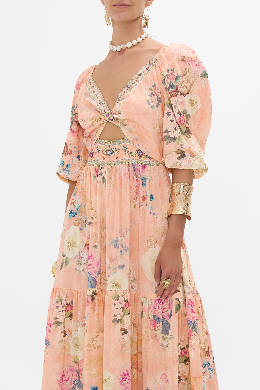 CAMILLA Floral Tiered Puff Sleeve Dress in The Jewellery Palace print. 