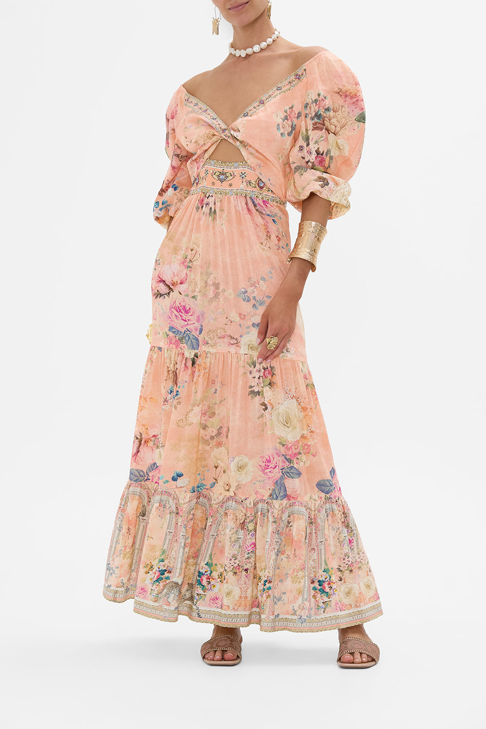 CAMILLA Floral Tiered Puff Sleeve Dress in The Jewellery Palace print. 