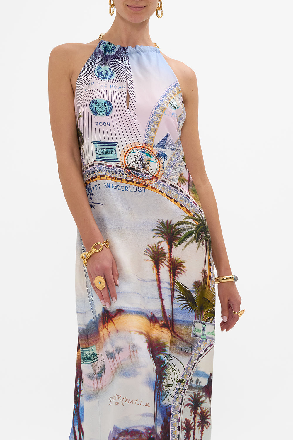 CAMILLA low back long dress with neck hardware in Call Me In Cairo print 