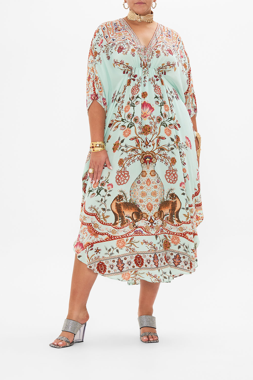 CAMILLA Gathered Waist Kaftan in Weaving Worlds print