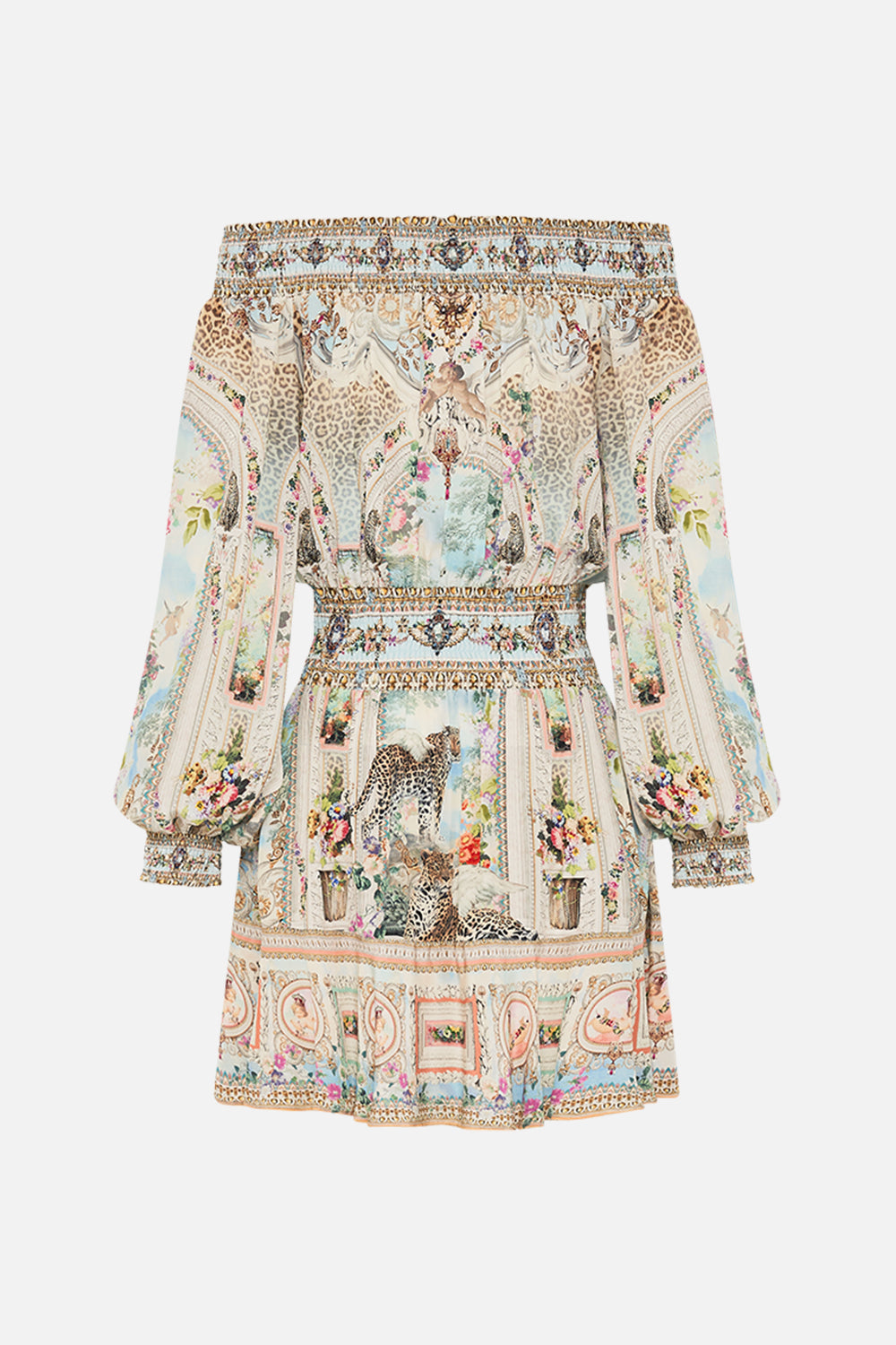 CAMILA Floral Off Shoulder Short Dress in We Always Have Alexandria Print. 