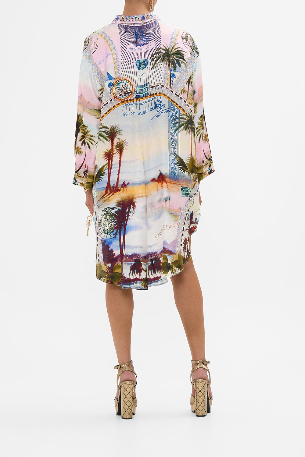 CAMILLA relaxed high low shirt dress in Call Me in Cairo print. 