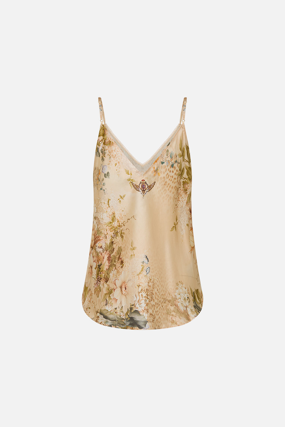 CAMILLA v neck bias cami in Adorned in Antiquity print. 