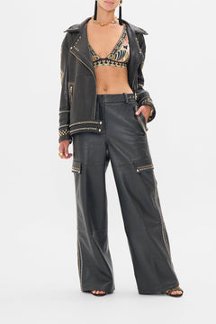 CAMILLA Black Leather Utility Pant in They Called Her Nefertari print