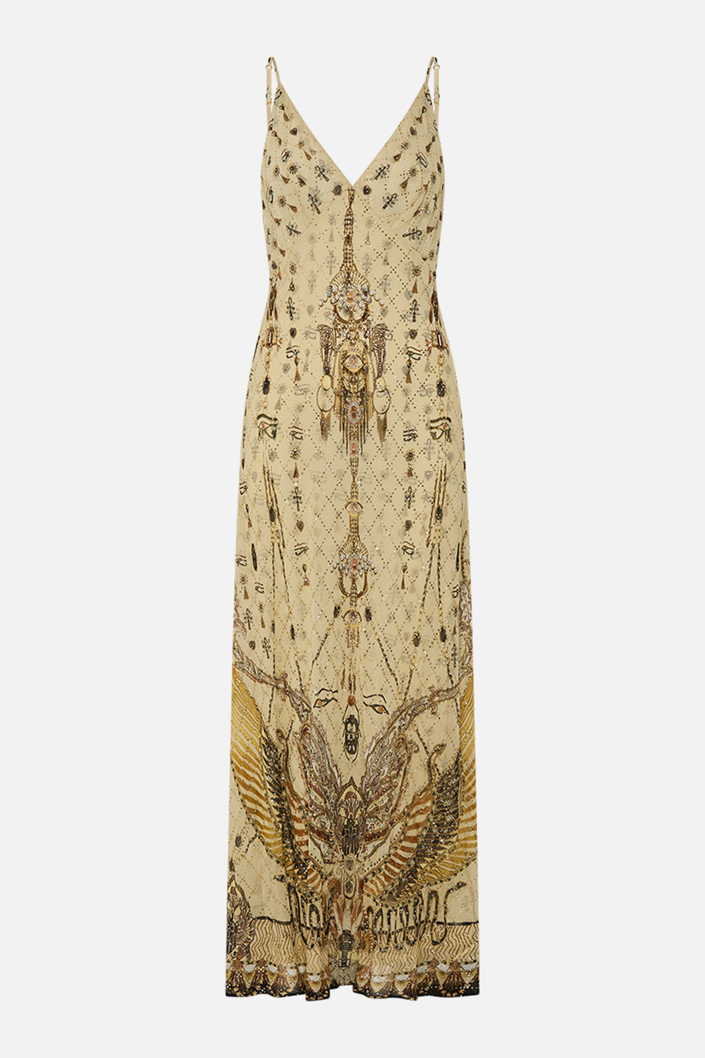 CAMILLA Gold Bias Gown with Lining in Gateway to the Afterlife Print