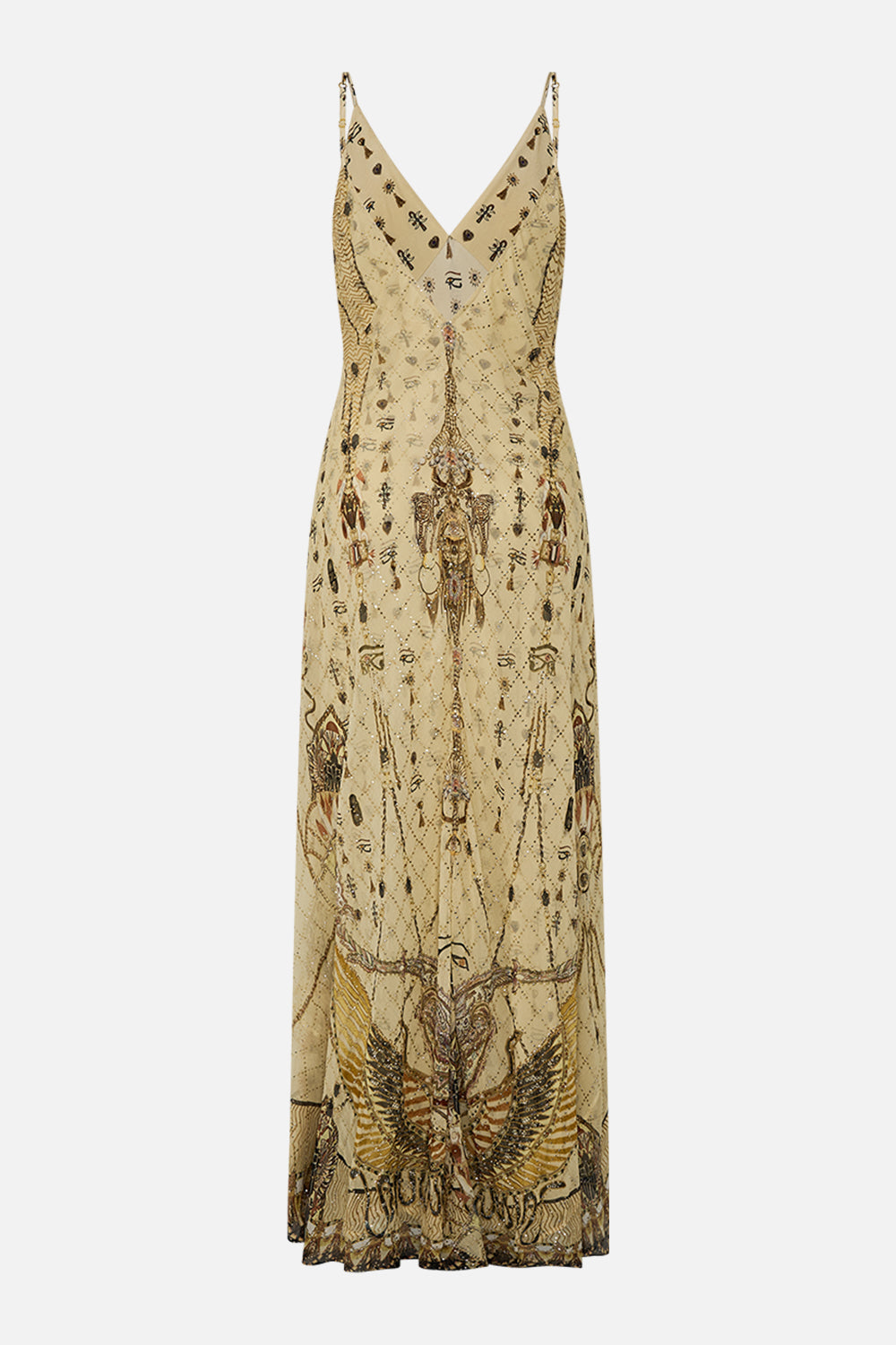 CAMILLA Gold Bias Gown with Lining in Gateway to the Afterlife Print