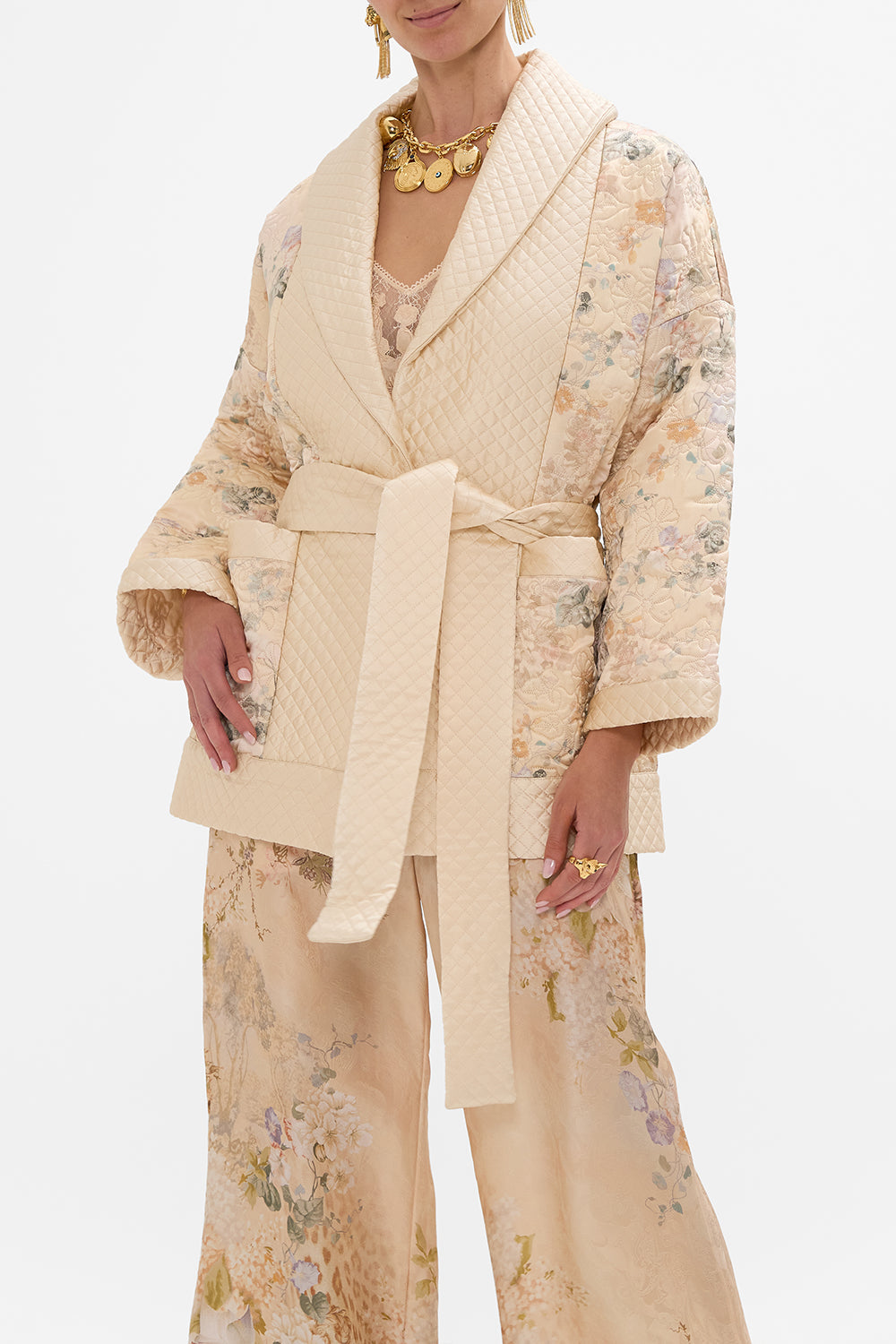 CAMILLA Quilted Roll Collar Coat in Adorned In Antiquity print. 
