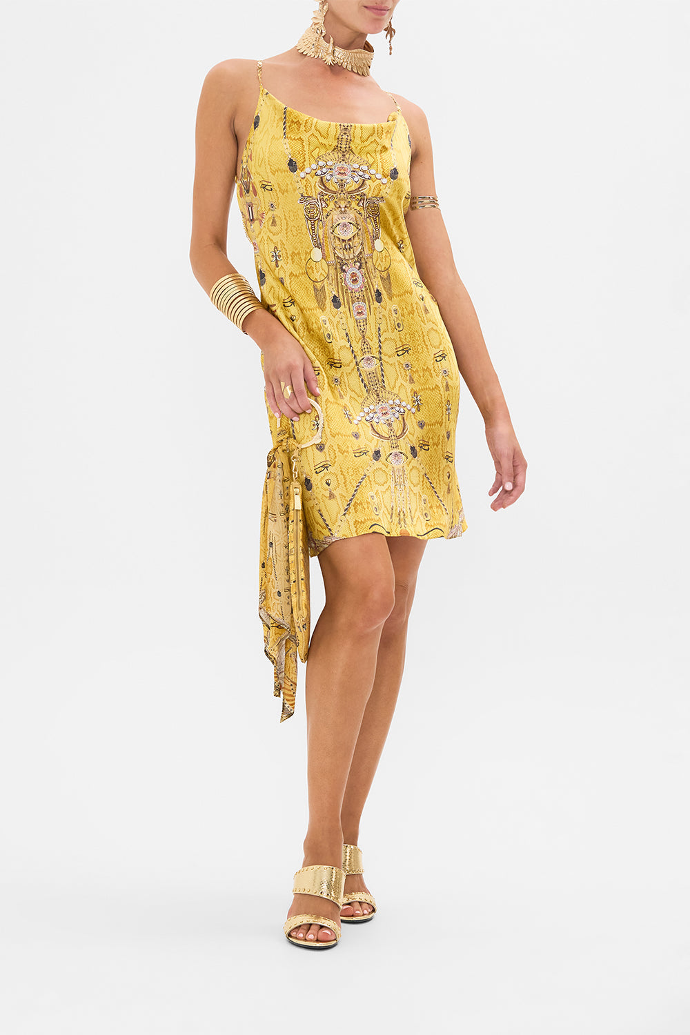 CAMILLA Gold Short Bias Slip Dress with Low Back in Valley of the Kings Print