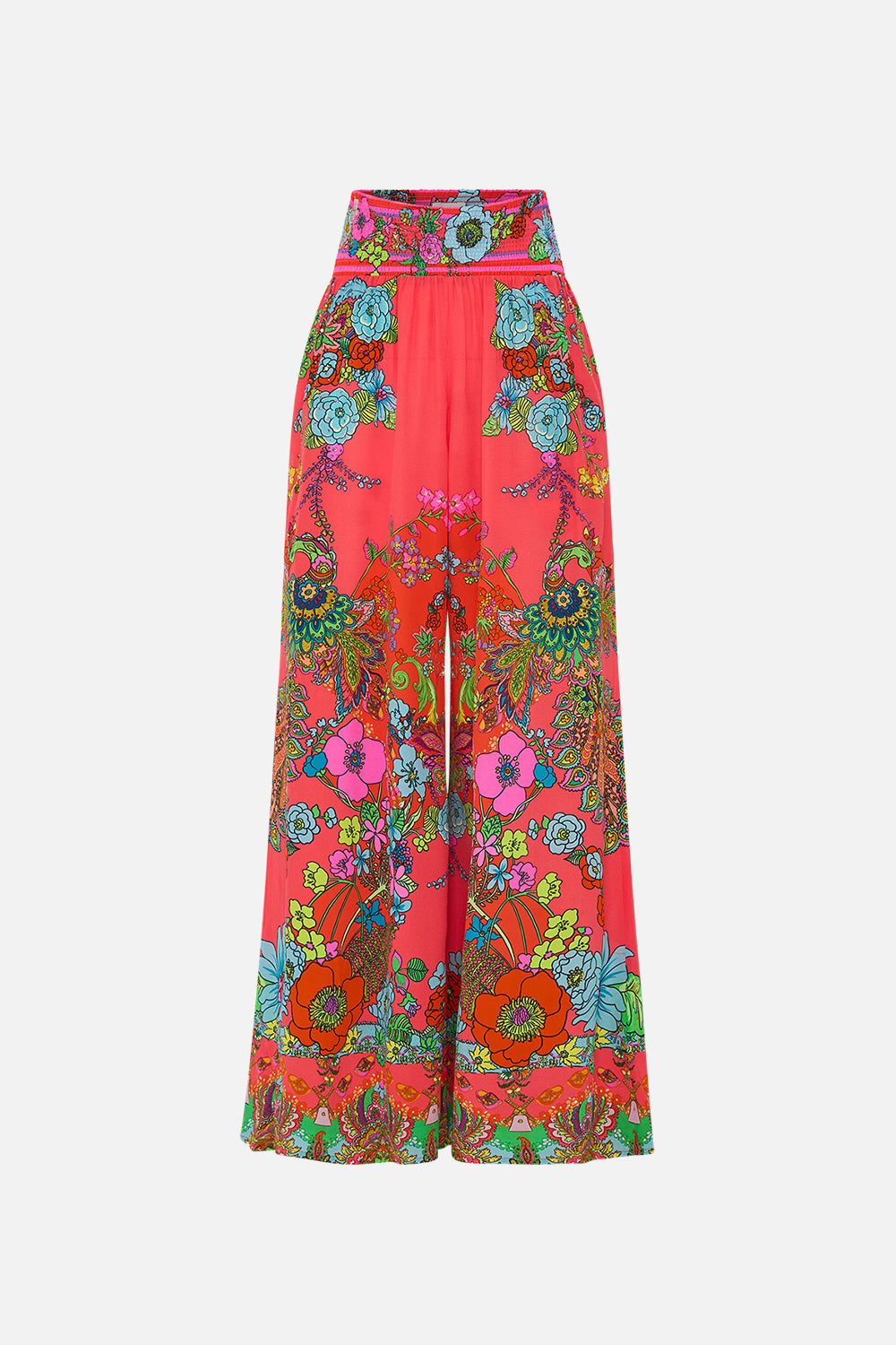 CAMILLA pink shirred waist pant in Windmills And Wildflowers print.