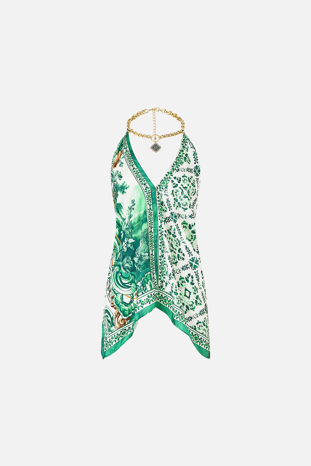 The CAMILLA KNOTTED SCARF TOP CORRIDOR OF CALM in our  print.