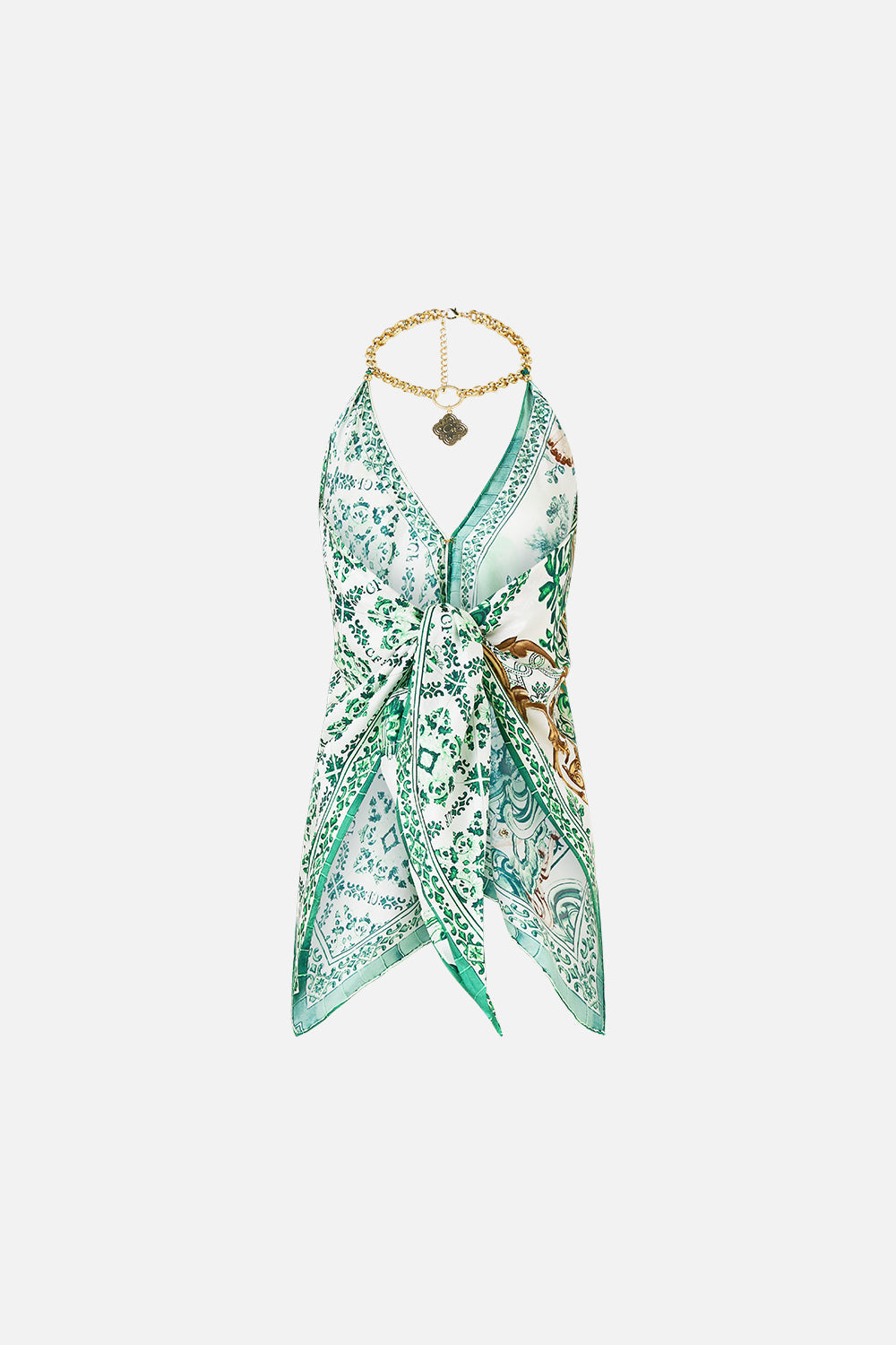 The CAMILLA KNOTTED SCARF TOP CORRIDOR OF CALM in our  print.