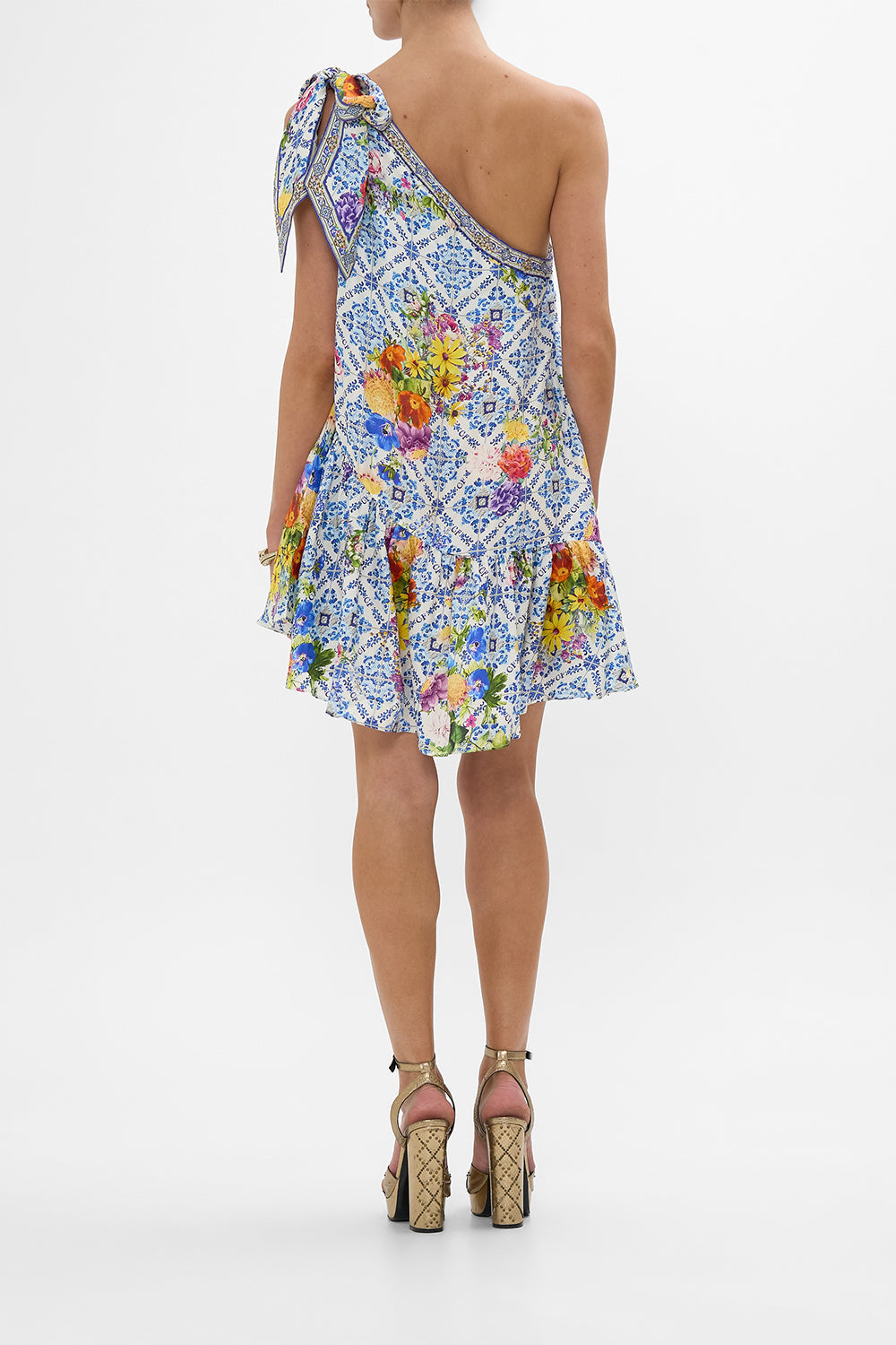 The CAMILLA TIE ONE SHOULDER SHORT DRESS WALL TO WALL WONDERS in our  print.
