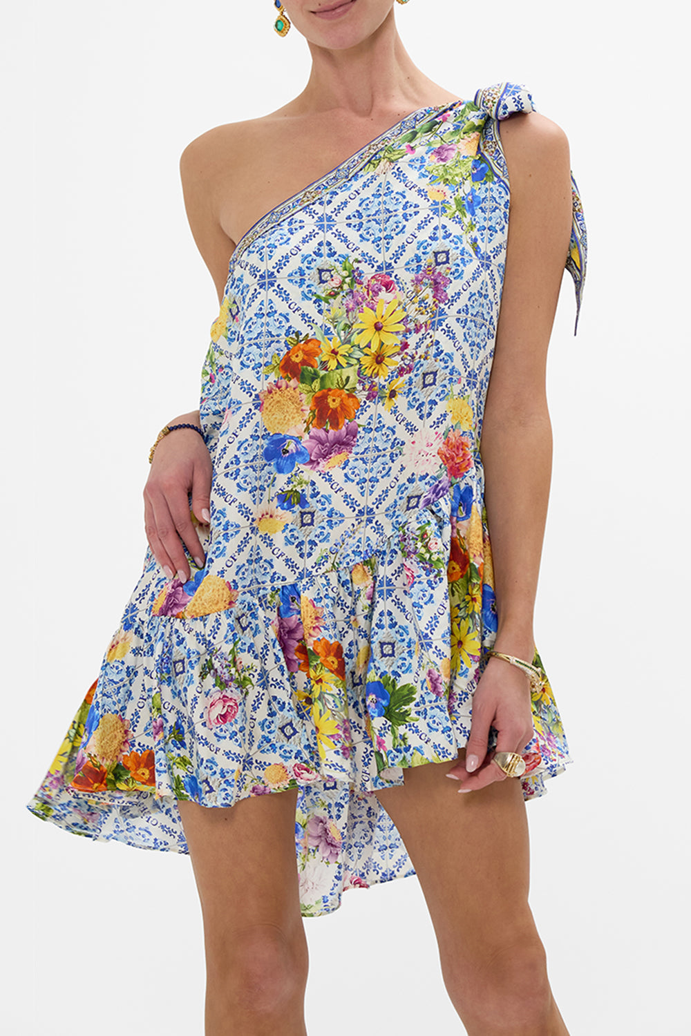 The CAMILLA TIE ONE SHOULDER SHORT DRESS WALL TO WALL WONDERS in our  print.