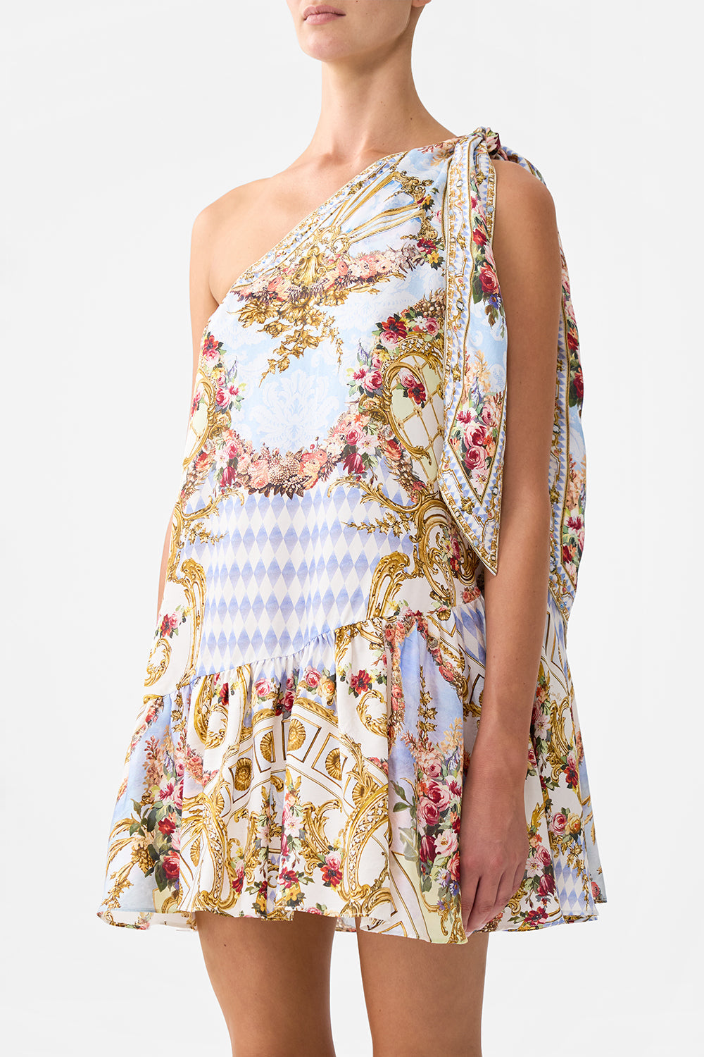The CAMILLA TIE ONE SHOULDER SHORT DRESS THRONE GAMES in our  print.