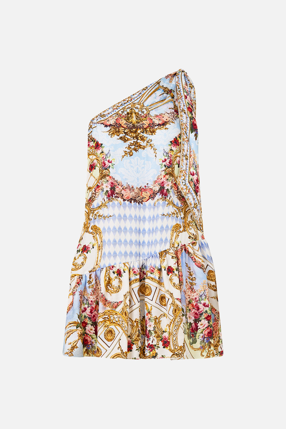 The CAMILLA TIE ONE SHOULDER SHORT DRESS THRONE GAMES in our  print.