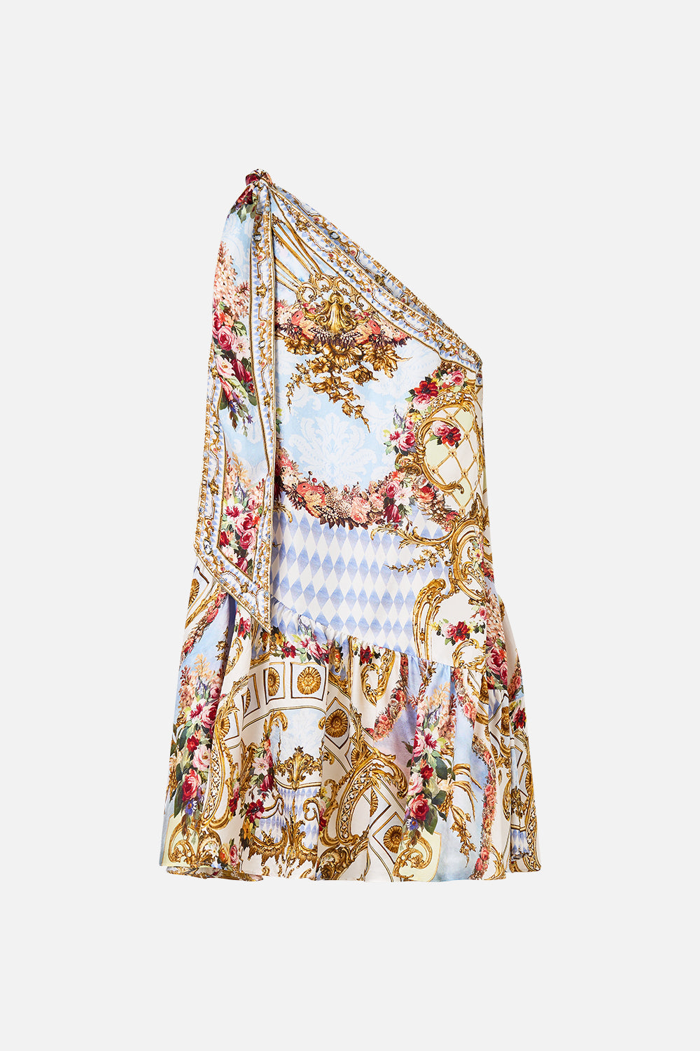 The CAMILLA TIE ONE SHOULDER SHORT DRESS THRONE GAMES in our  print.