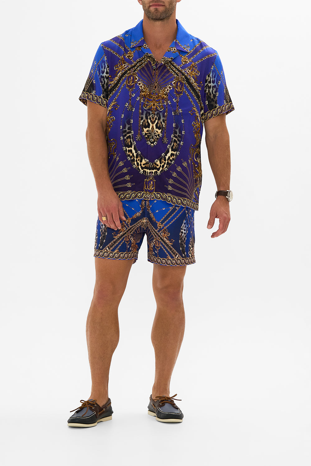 The CAMILLA SHORT SLEEVE CAMP COLLARED SHIRT CARMO AND CARMELITAS in our CARMO AND CARMELITAS print.