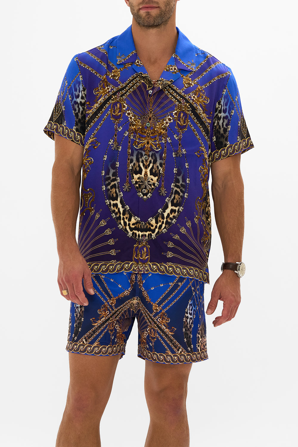 The CAMILLA SHORT SLEEVE CAMP COLLARED SHIRT CARMO AND CARMELITAS in our  print.