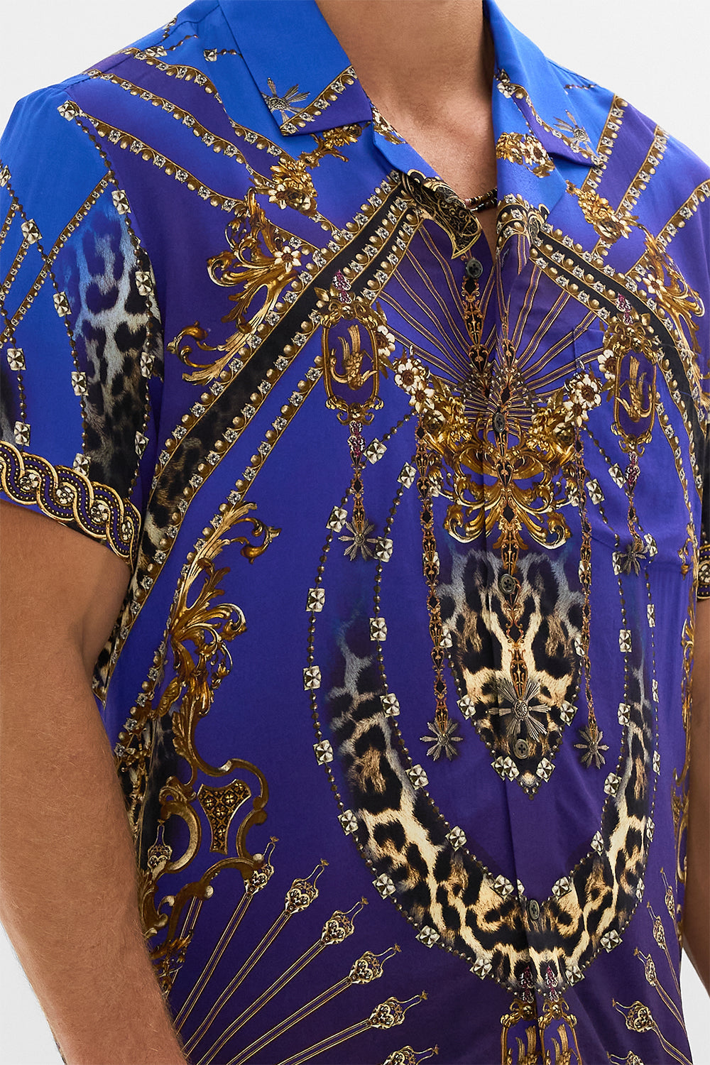 The CAMILLA SHORT SLEEVE CAMP COLLARED SHIRT CARMO AND CARMELITAS in our  print.