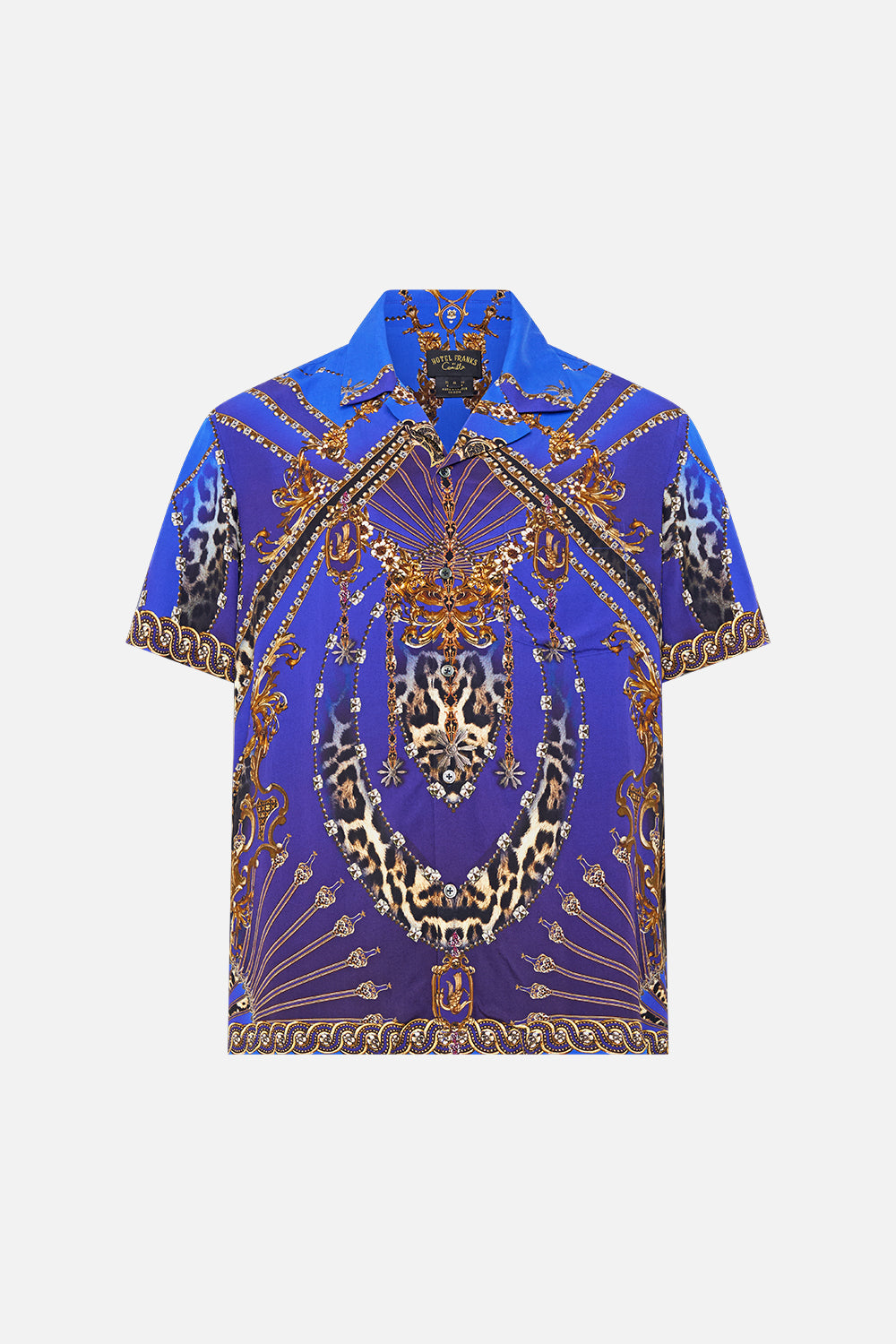 The CAMILLA SHORT SLEEVE CAMP COLLARED SHIRT CARMO AND CARMELITAS in our  print.
