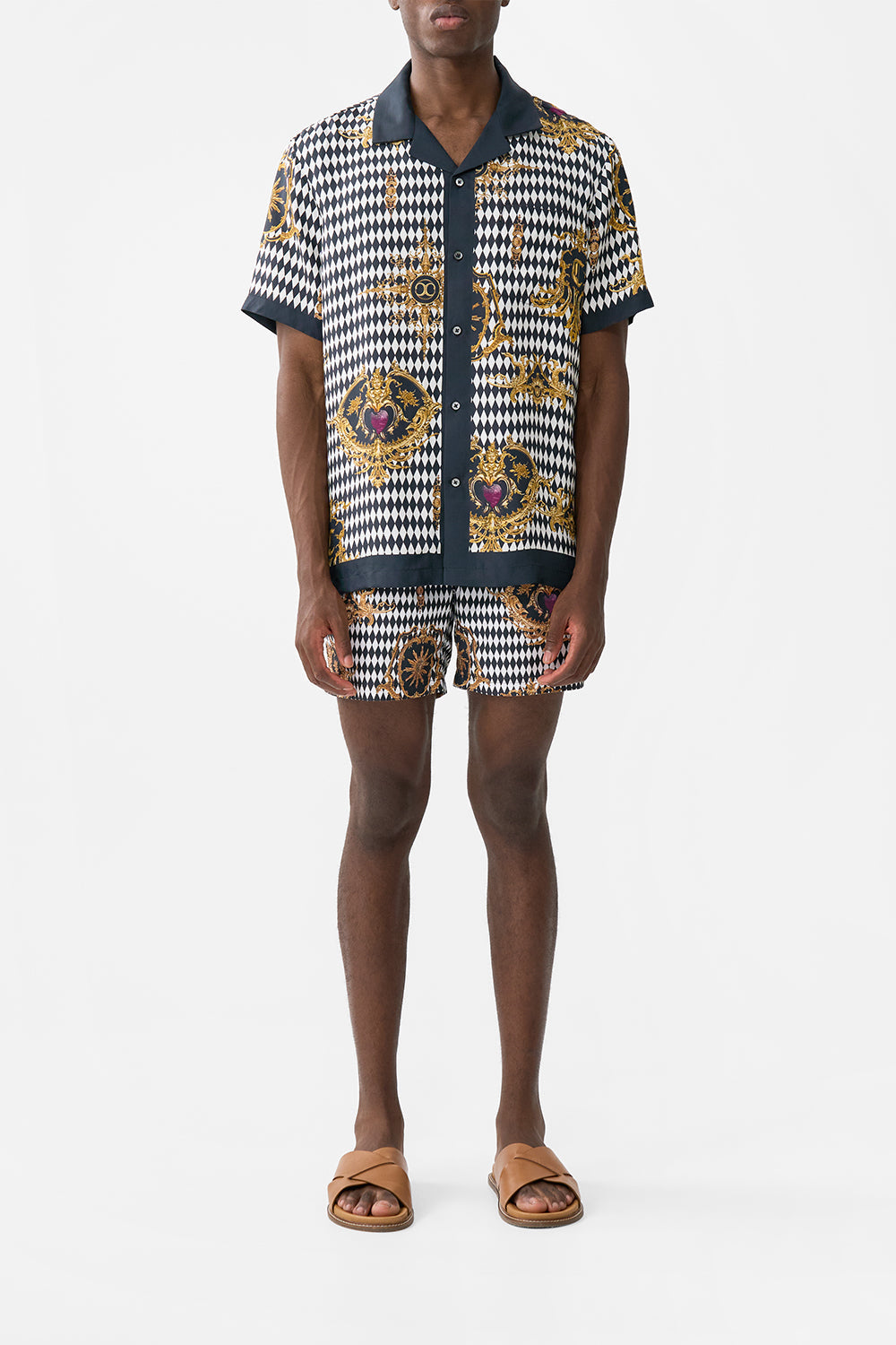 The CAMILLA SHORT SLEEVE CAMP COLLARED SHIRT MONARCHY MANIA in our MONARCHY MANIA print.