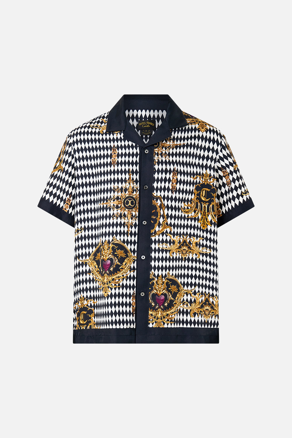 The CAMILLA SHORT SLEEVE CAMP COLLARED SHIRT MONARCHY MANIA in our  print.