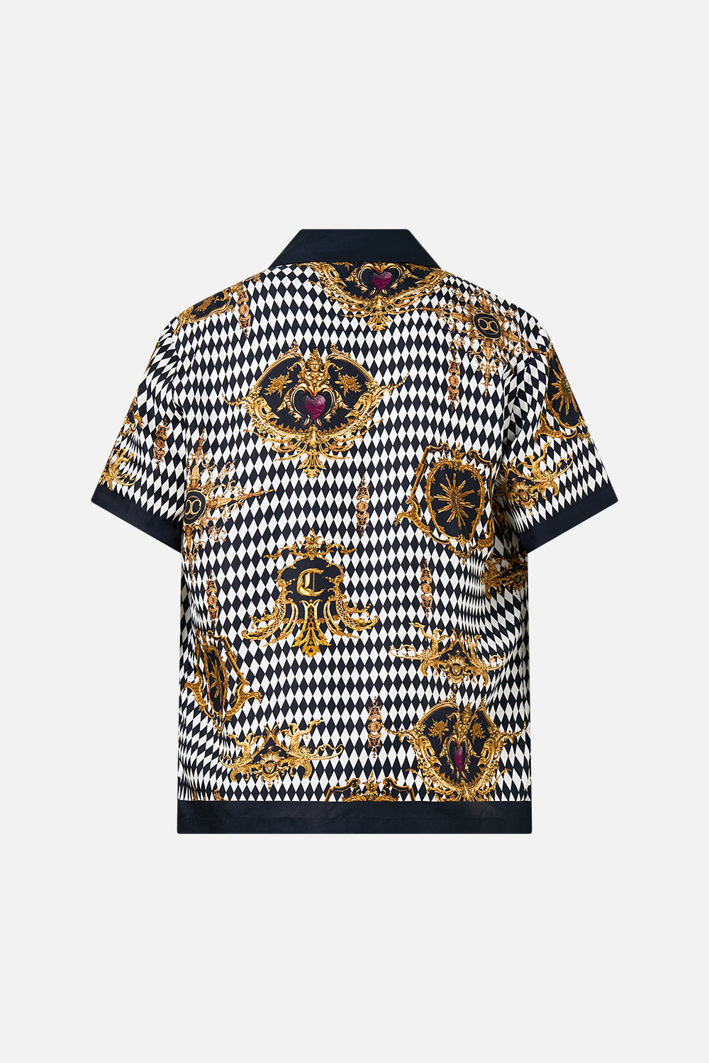The CAMILLA SHORT SLEEVE CAMP COLLARED SHIRT MONARCHY MANIA in our  print.