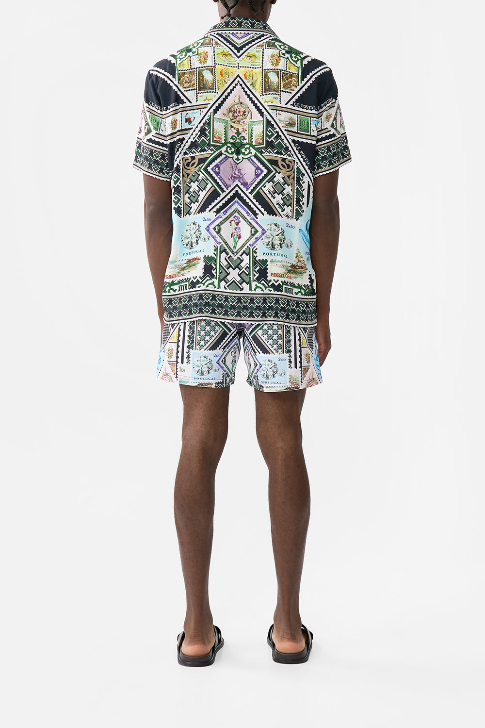 The CAMILLA SHORT SLEEVE CAMP COLLARED SHIRT MY PORTO PEN PAL in our  print.