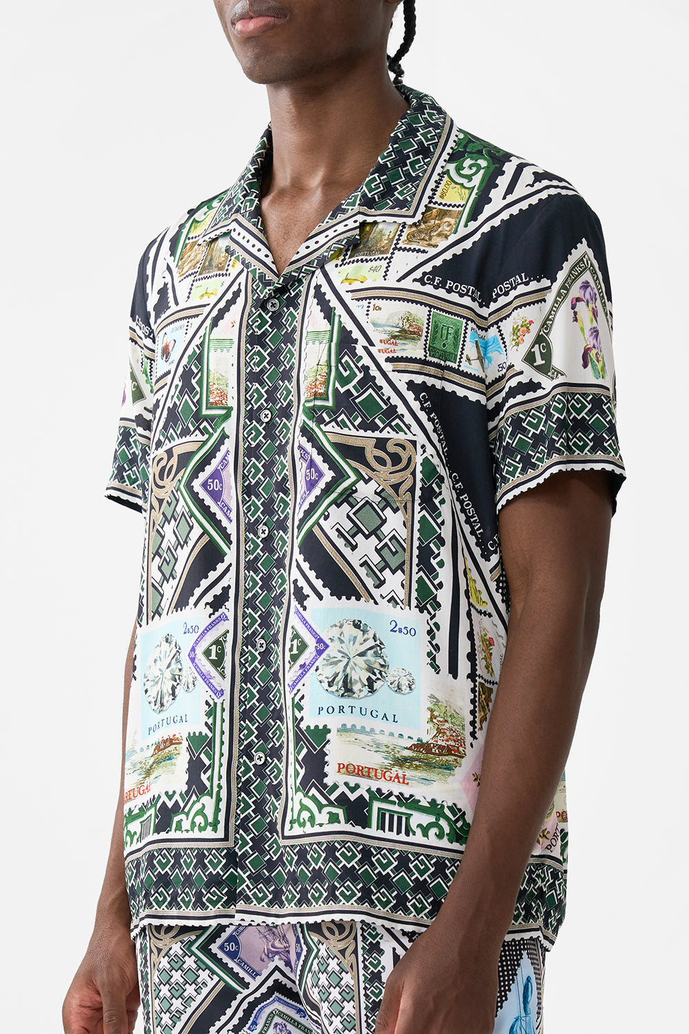 The CAMILLA SHORT SLEEVE CAMP COLLARED SHIRT MY PORTO PEN PAL in our  print.
