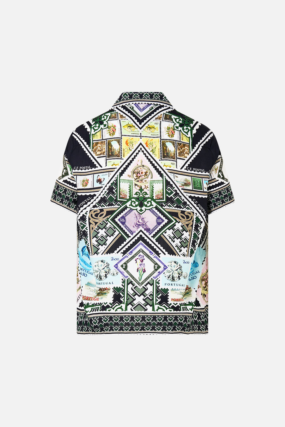 The CAMILLA SHORT SLEEVE CAMP COLLARED SHIRT MY PORTO PEN PAL in our  print.
