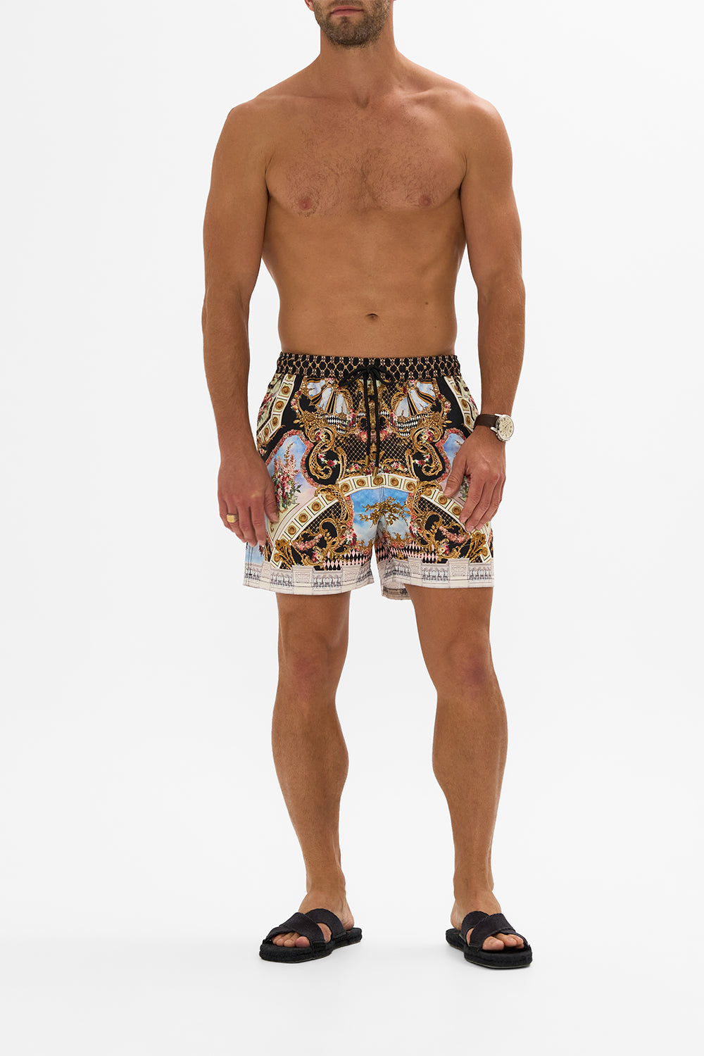 The CAMILLA MID LENGTH BOARDSHORT MONARCHY MANIA in our MONARCHY MANIA print.