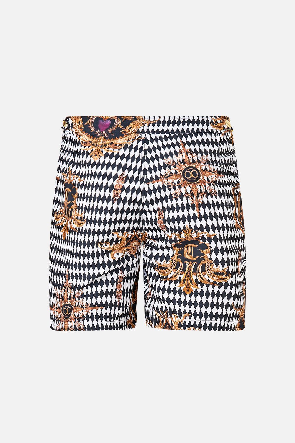The CAMILLA MID LENGTH SWIM SHORT MONARCHY MANIA in our  print.