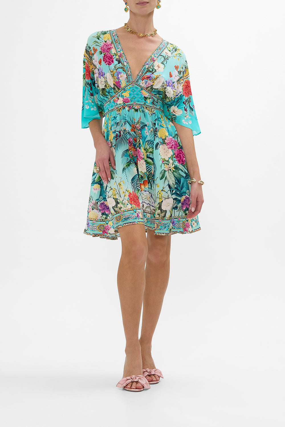 The CAMILLA SHORT WAISTED DRESS GARDENS OF QUELUZ in our GARDENS OF QUELUZ print.