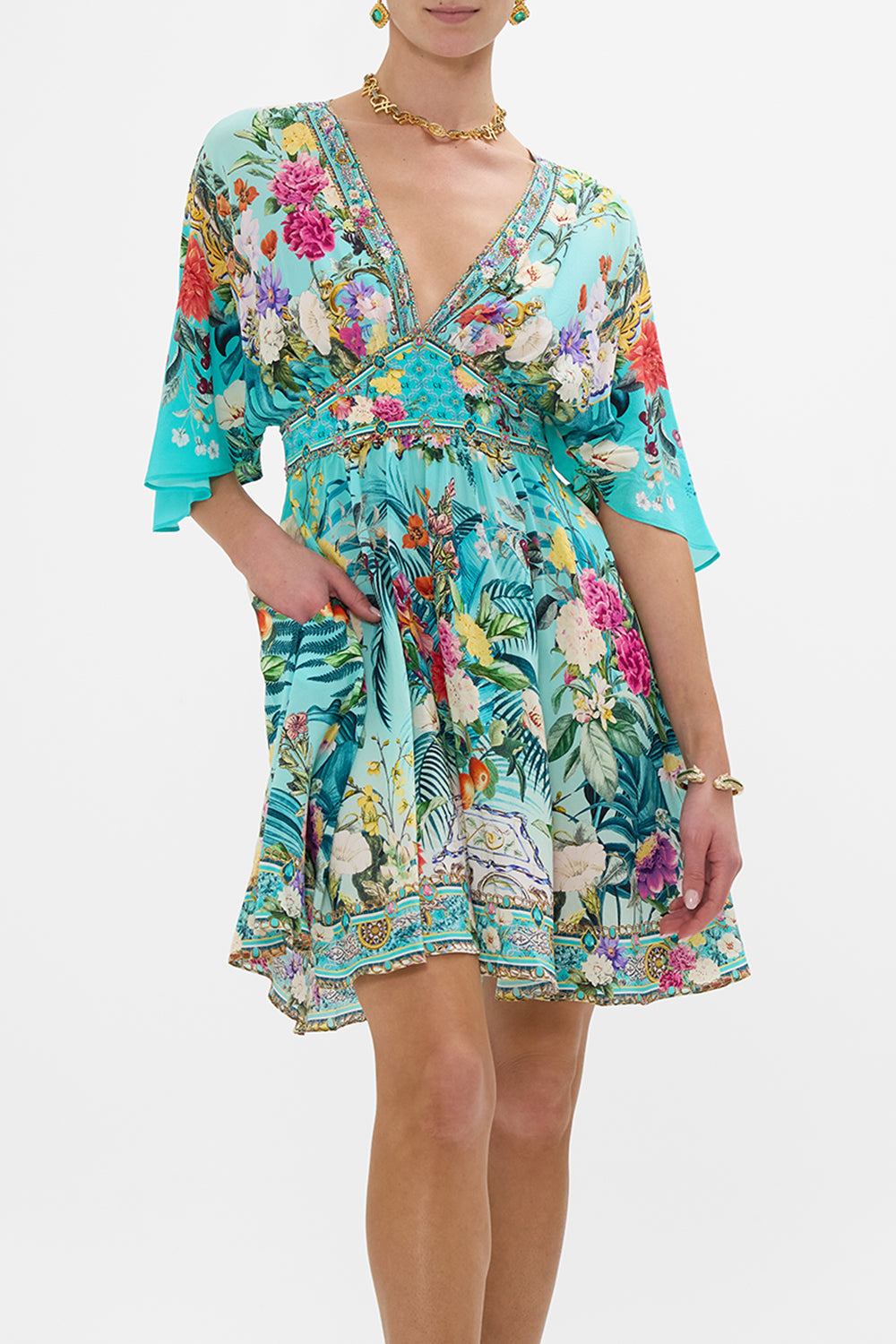 The CAMILLA SHORT WAISTED DRESS GARDENS OF QUELUZ in our  print.