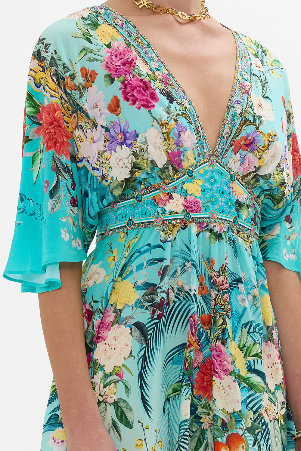 The CAMILLA SHORT WAISTED DRESS GARDENS OF QUELUZ in our  print.