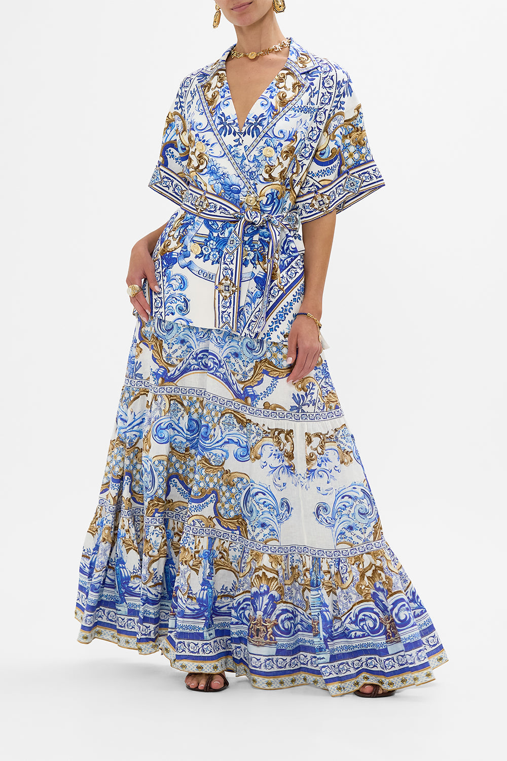 CAMILLA Double Breasted Short Sleeve Jacket in Azul Adventures print