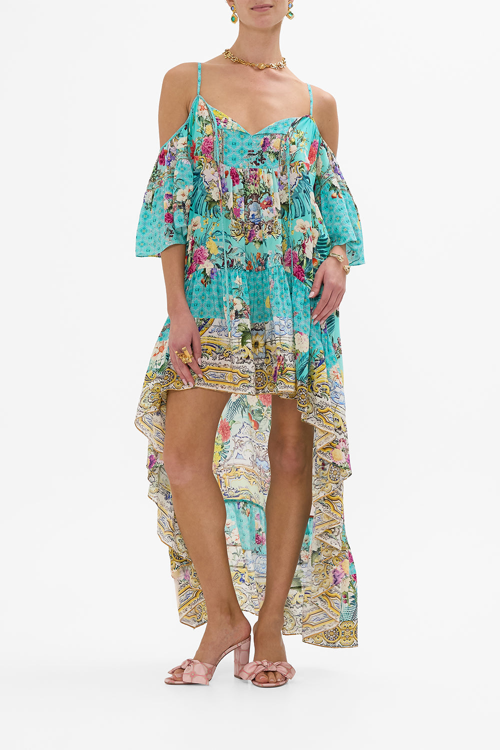 The CAMILLA COLD SHOULDER HIGH LOW DRESS GARDENS OF QUELUZ in our GARDENS OF QUELUZ print.