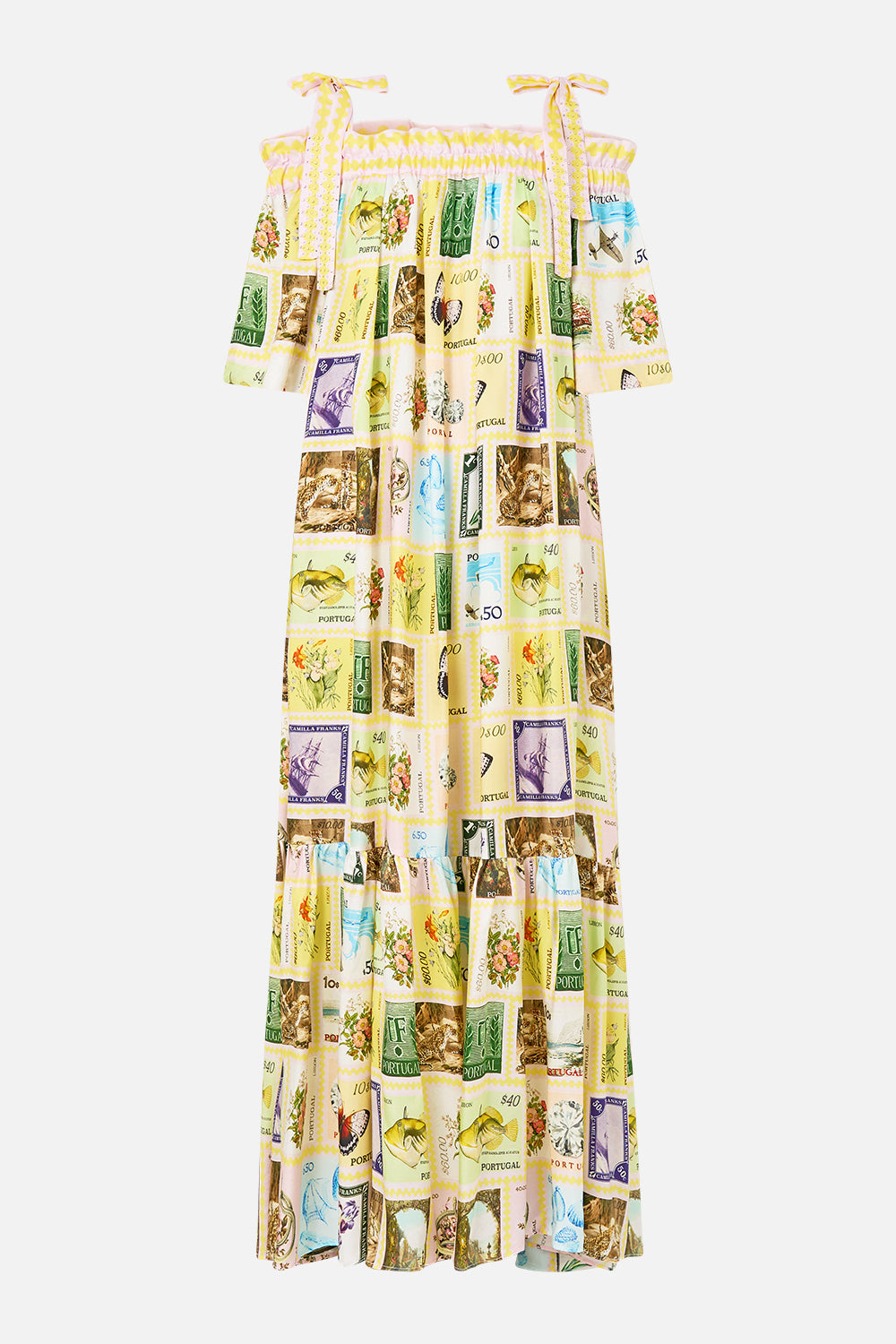 LONG OFF SHOULDER FRILL DRESS WITH STRAPS WITH LOVE FROM LISBON