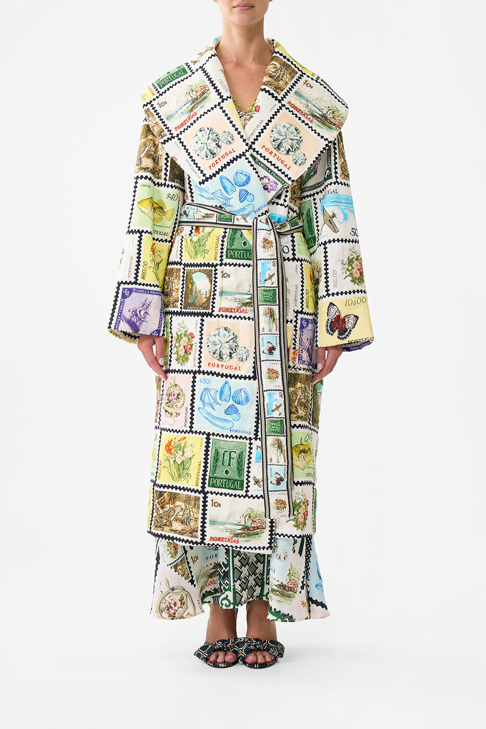 The CAMILLA QUILTED LONG WRAP COAT MY PORTO PEN PAL in our  print.