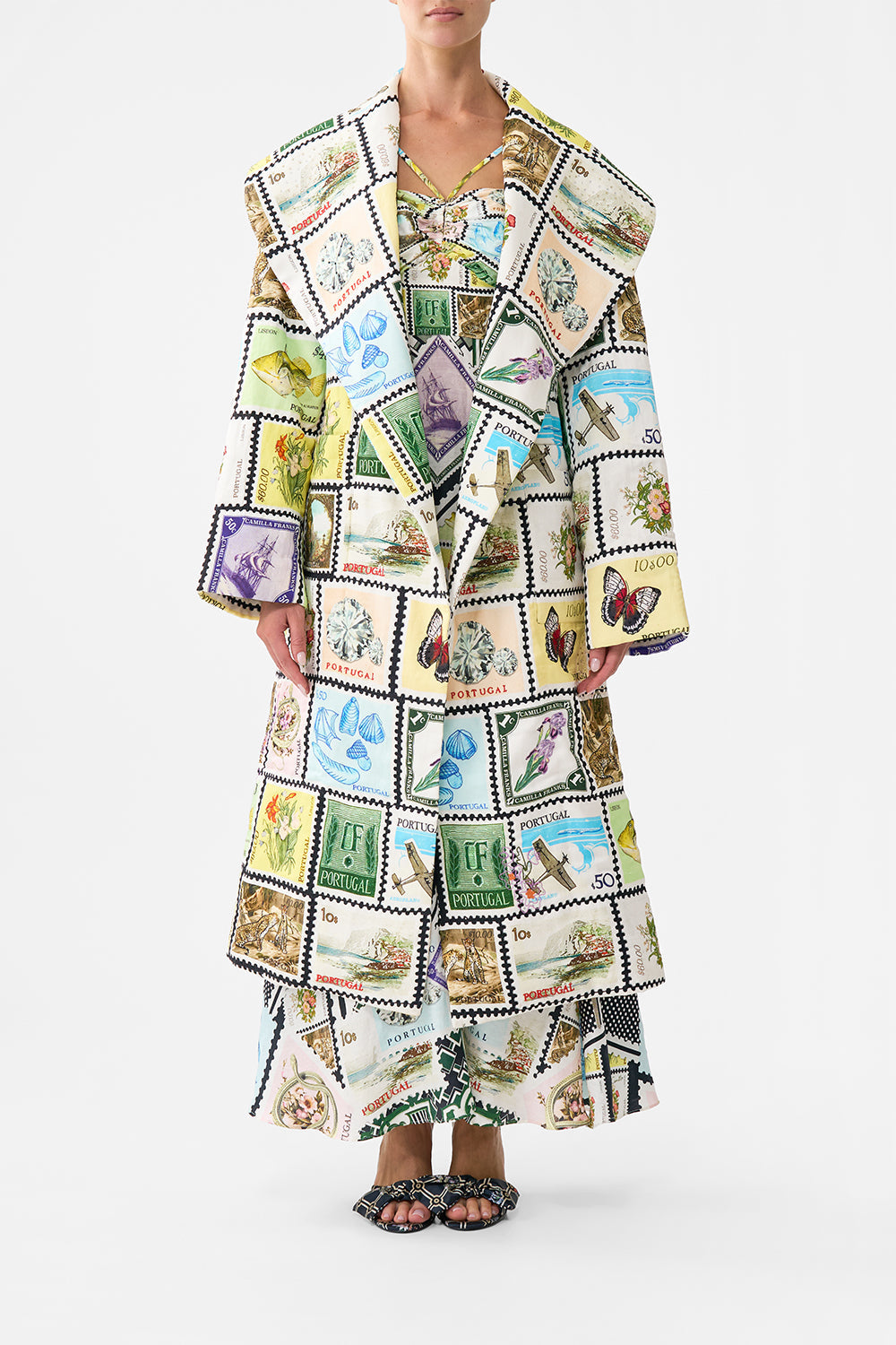 The CAMILLA QUILTED LONG WRAP COAT MY PORTO PEN PAL in our MY PORTO PEN PAL print.