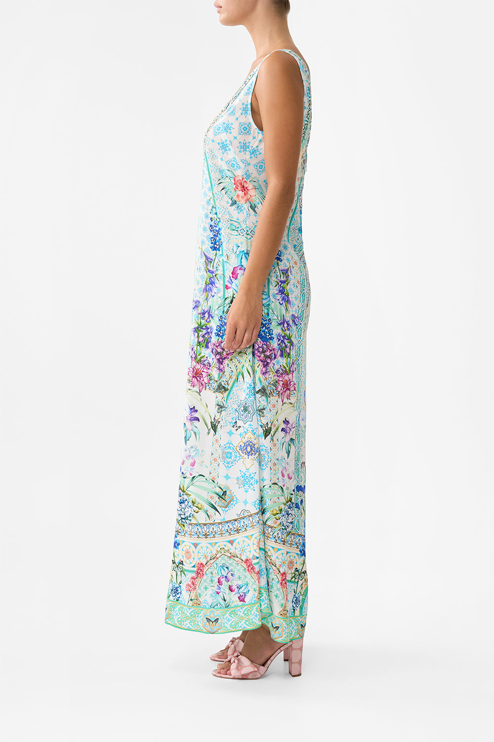 The CAMILLA V NECK FLARED JUMPSUIT SUNRISE IN SINTRA in our  print.