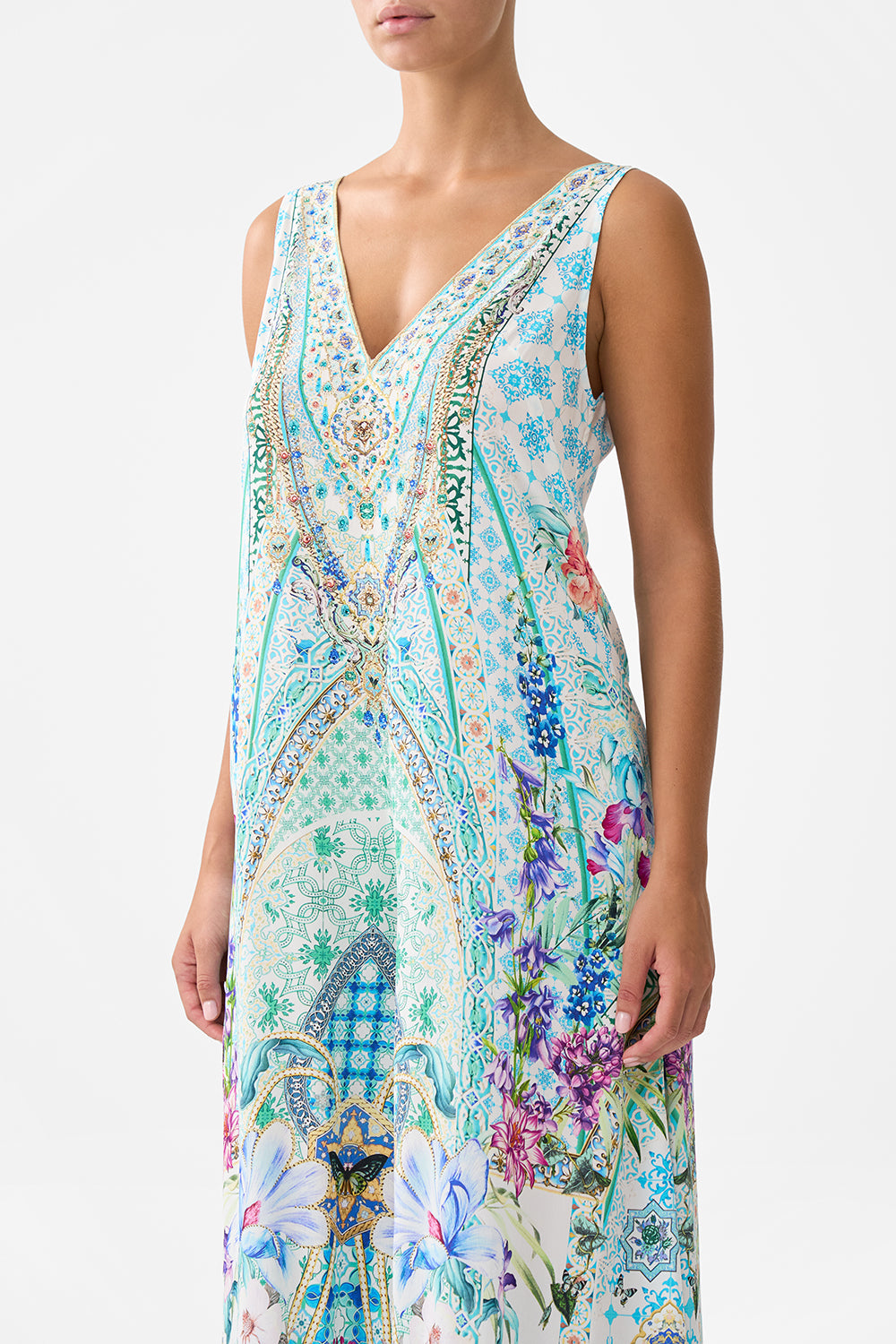 The CAMILLA V NECK FLARED JUMPSUIT SUNRISE IN SINTRA in our  print.