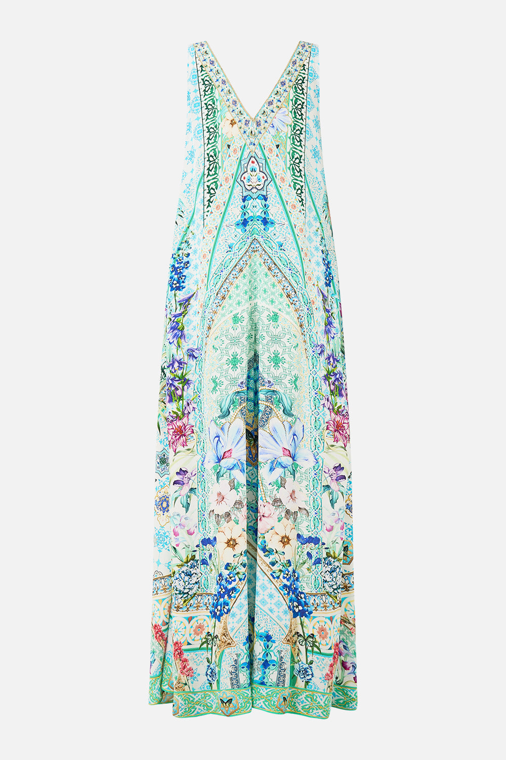 The CAMILLA V NECK FLARED JUMPSUIT SUNRISE IN SINTRA in our  print.