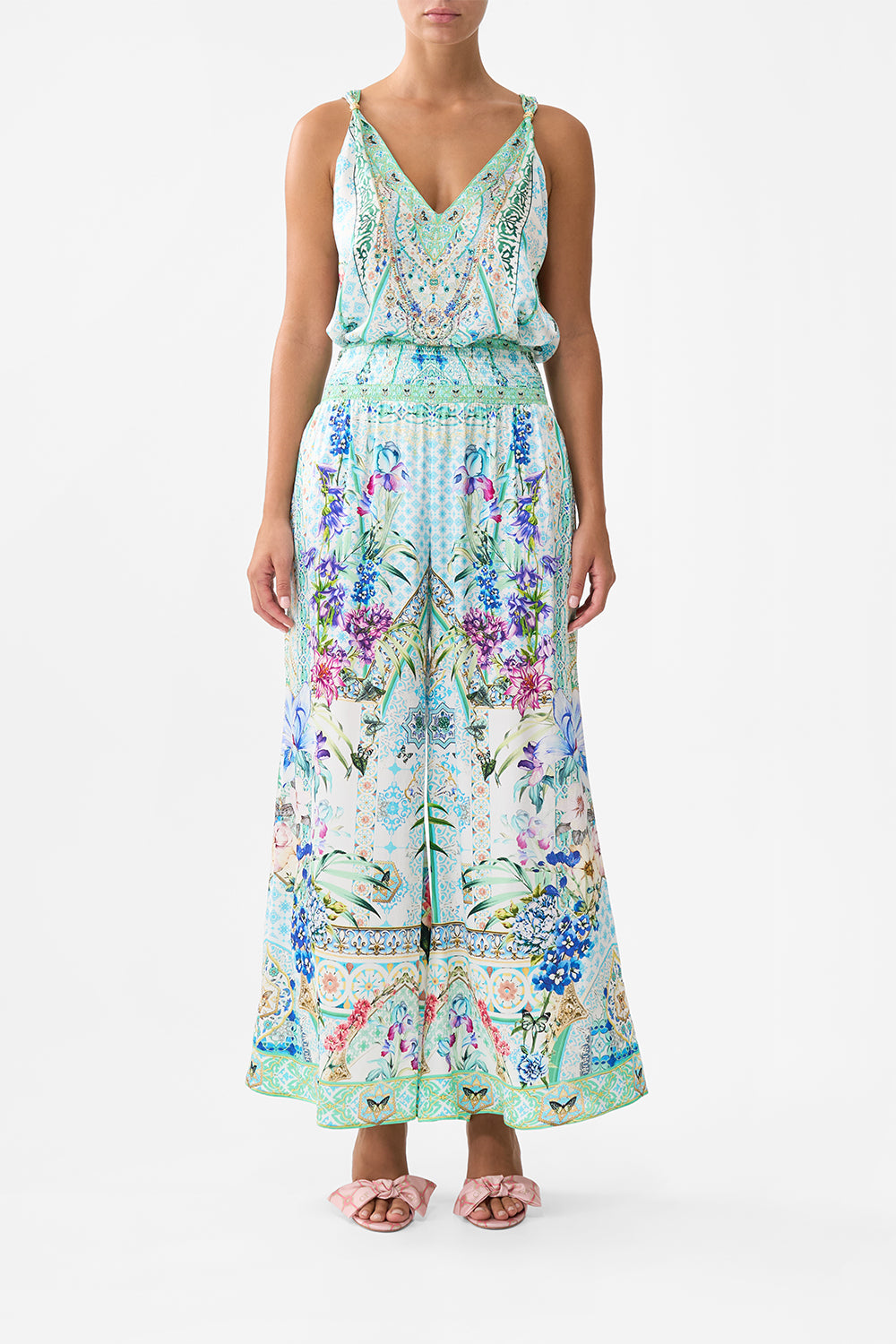 The CAMILLA SHIRRED WAIST PANT SUNRISE IN SINTRA in our SUNRISE IN SINTRA print.
