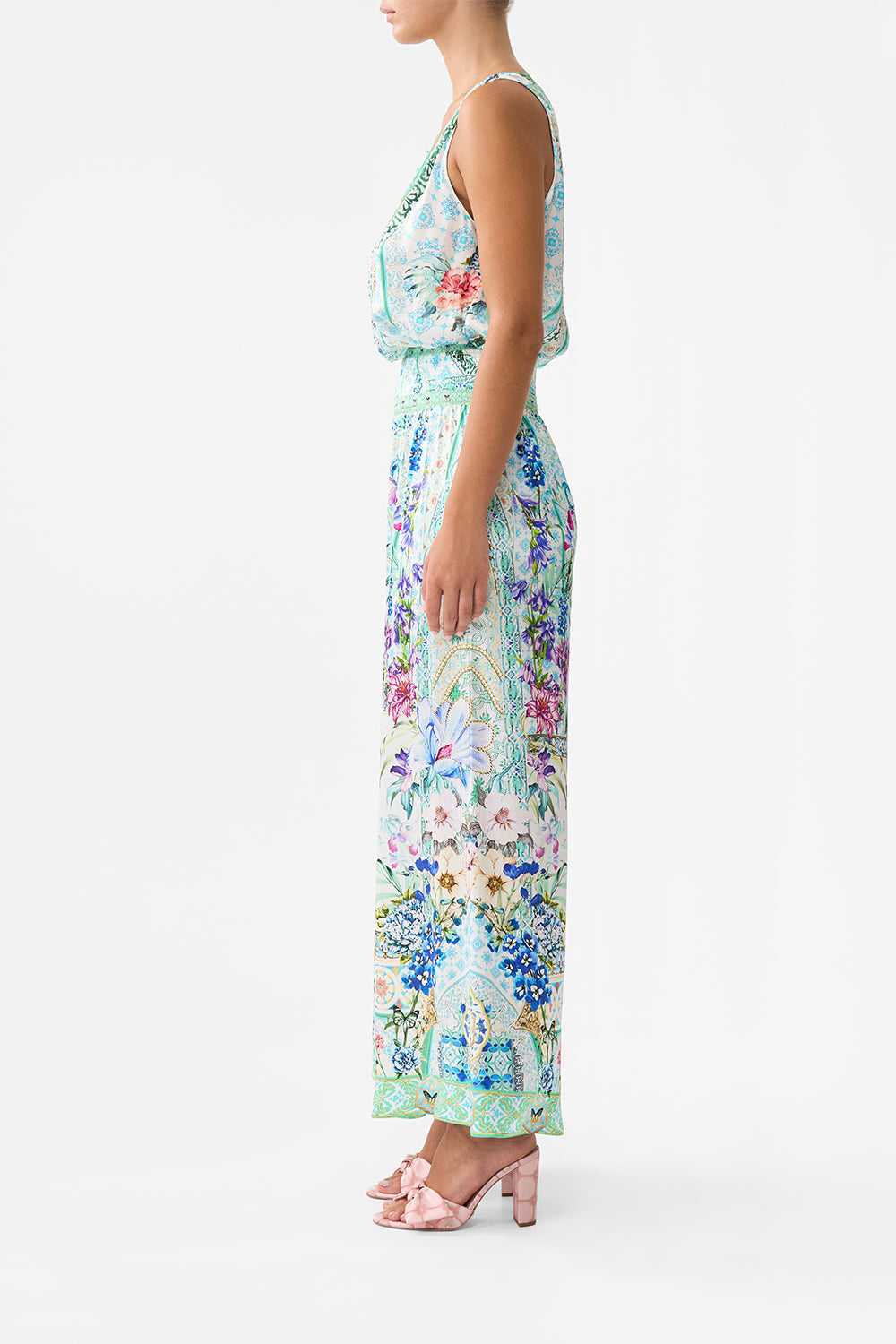The CAMILLA SHIRRED WAIST PANT SUNRISE IN SINTRA in our  print.