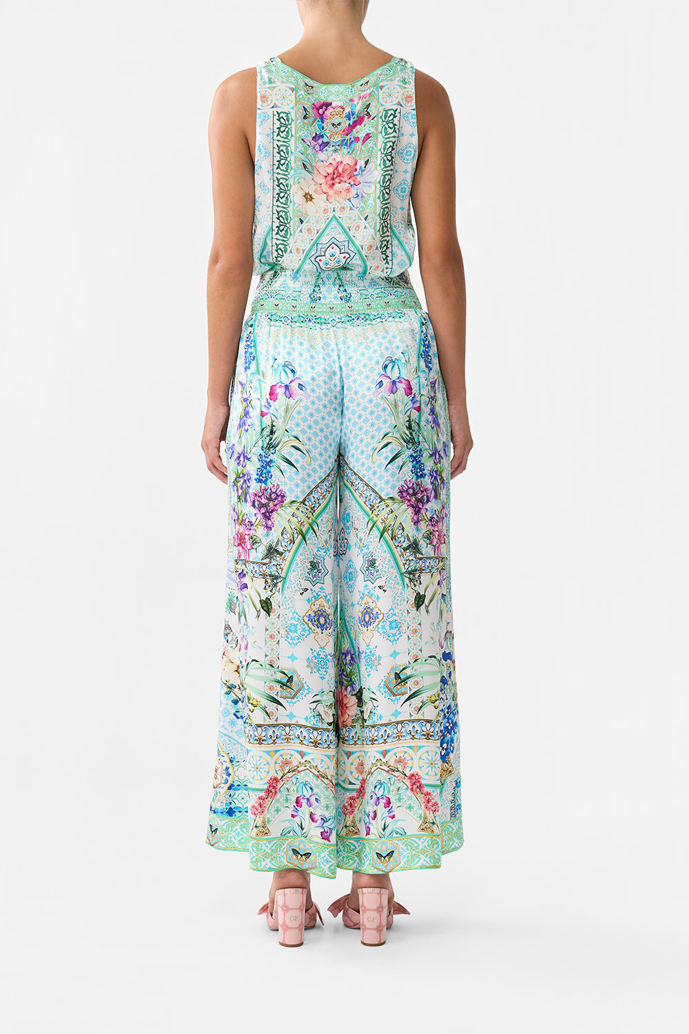 The CAMILLA SHIRRED WAIST PANT SUNRISE IN SINTRA in our  print.